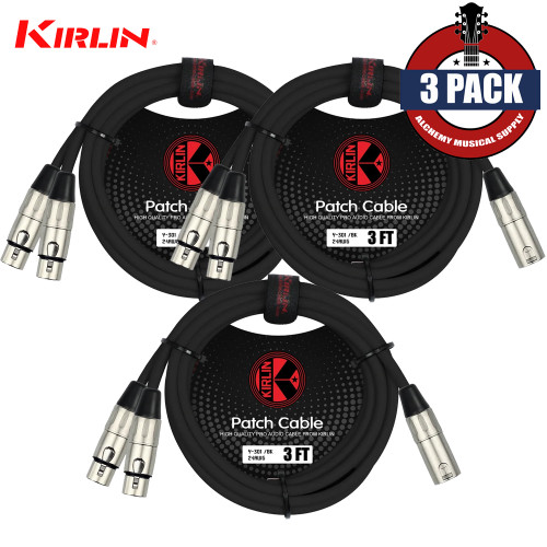 3-PACK Kirlin 3FT Splitter Y-Cable 3-Pin XLR Male to Dual XLR Female 24AWG Y-301-03