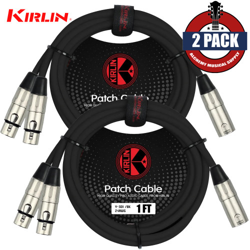 2-PACK Kirlin 1FT Splitter Y-Cable 3-Pin XLR Male to Dual XLR Female 24AWG Y-301-01