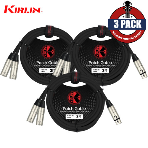 3-PACK Kirlin 3FT Splitter Y-Cable 3-Pin XLR Female to Dual XLR Male 24AWG Y-303-03
