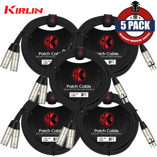 5-PACK Kirlin 3FT Splitter Y-Cable 3-Pin XLR Female to Dual XLR Male 24AWG Y-303-03
