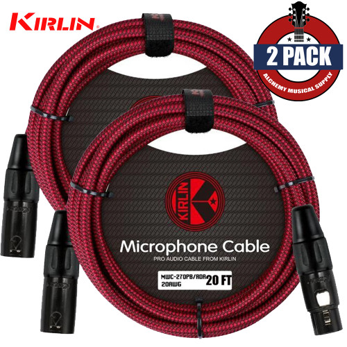 2-PACK Kirlin 20FT Woven 20AWG XLR M to XLR F Microphone Cable Red MWC-270PB-20/RDA