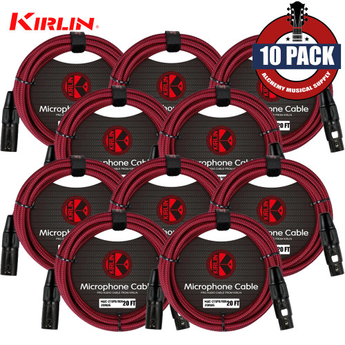 10-PACK Kirlin 20FT Woven 20AWG XLR M to XLR F Microphone Cable Red MWC-270PB-20/RDA