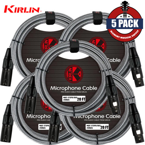 5-PACK Kirlin 20FT Woven 20AWG XLR M to XLR F Microphone Cable Silver MWC-270PB-20/BKA