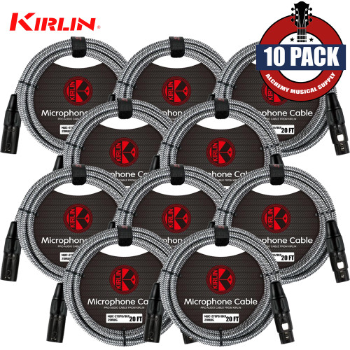10-PACK Kirlin 20FT Woven 20AWG XLR M to XLR F Microphone Cable Silver MWC-270PB-20/BKA