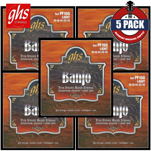 5-PACK GHS PF150 Phosphor Bronze 5-String Light Banjo Strings Loop End
