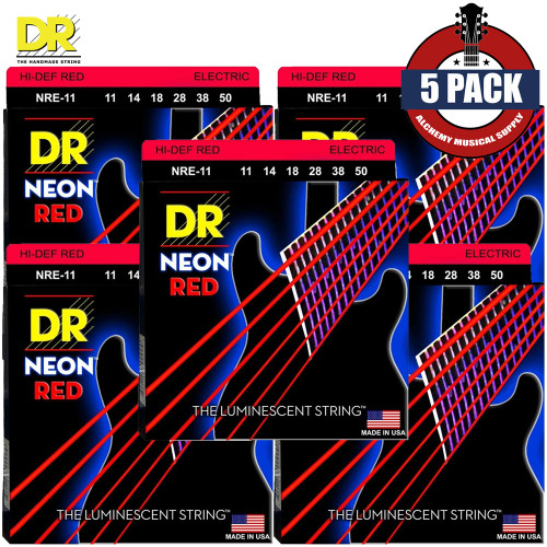 5-PACK DR NRE-11 Hi-Def Neon Red K3 Coated Electric Guitar Strings 11-50