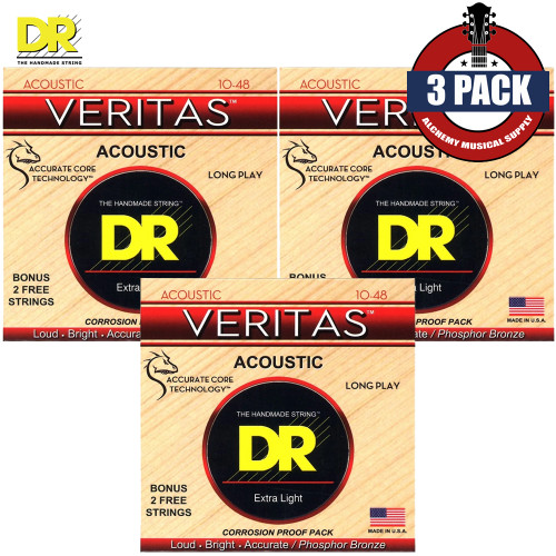 3-PACK DR VTA-10 Veritas Phosphor Bronze Coated Acoustic Guitar Strings 10-48