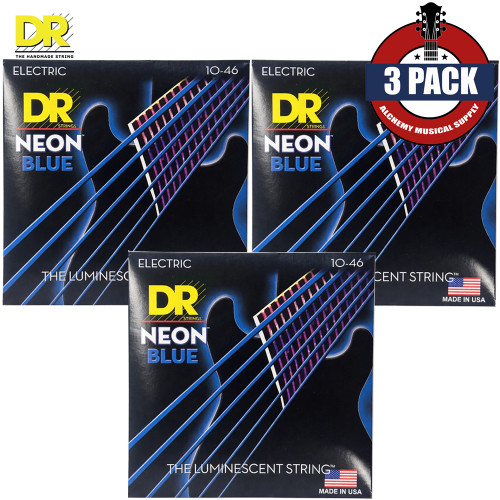 3-PACK DR NBE-10 Hi-Def Neon Blue K3 Coated Electric Guitar Strings 10-46