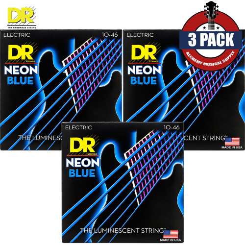 3-PACK DR NBE-10 Hi-Def Neon Blue K3 Coated Electric Guitar Strings 10-46