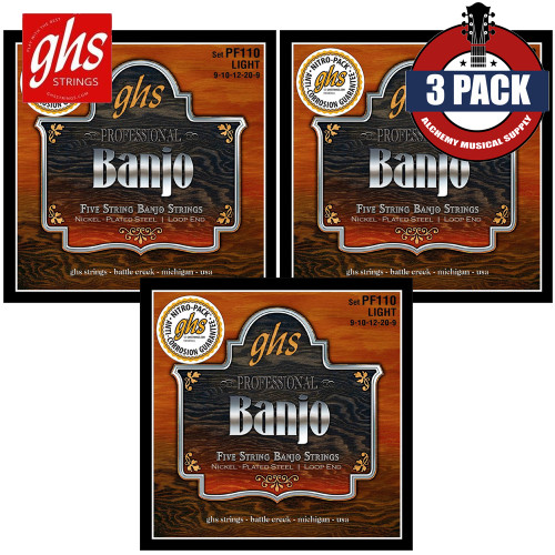 3-PACK GHS PF110 Nickel Plated 5-String Light Banjo Strings Loop End