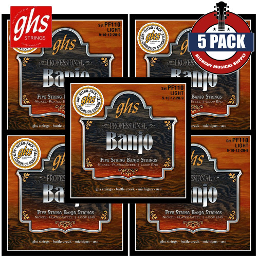 5-PACK GHS PF110 Nickel Plated 5-String Light Banjo Strings Loop End