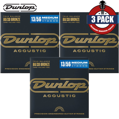 3-PACK Dunlop DAB1356 80/20 Bronze Acoustic Guitar Strings 13-56 Medium