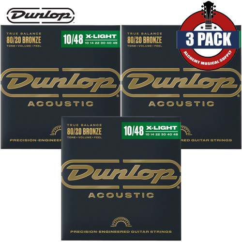 3-PACK Dunlop DAB1048 80/20 Bronze Acoustic Guitar Strings 10-48 Extra Light