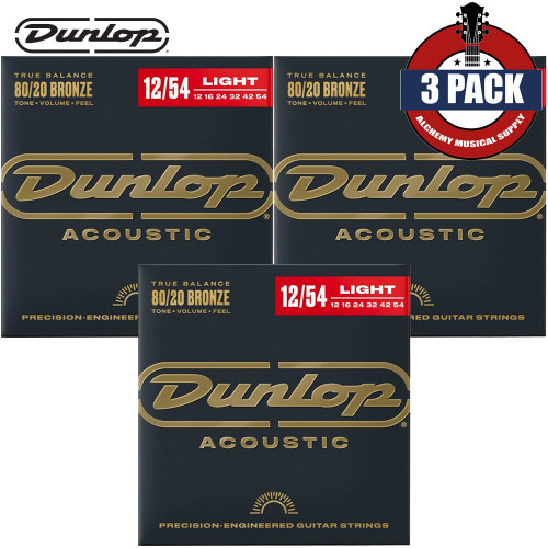 3-PACK Dunlop DAB1254 80/20 Bronze Acoustic Guitar Strings 12-54
