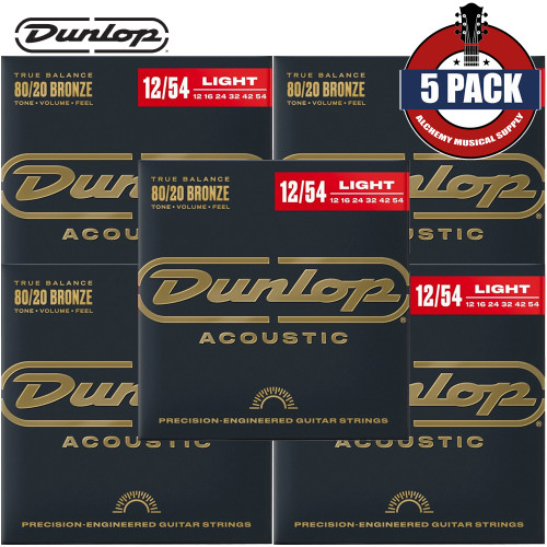 5-PACK Dunlop DAB1254 80/20 Bronze Acoustic Guitar Strings 12-54
