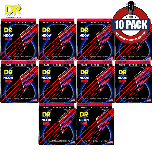 10-PACK DR NRA-10 Hi-Def Neon Red K3 Coated Acoustic Guitar Strings 10-48