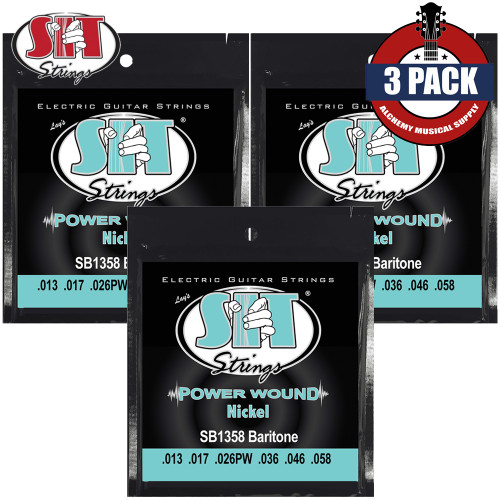 3-PACK SIT SB1358 Power Wound Nickel Plated Baritone Electric Guitar Strings 13-58