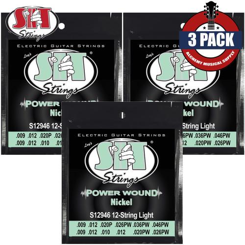 3-PACK SIT S12946 Power Wound 12-String Nickel Plated Electric Guitar Strings Light