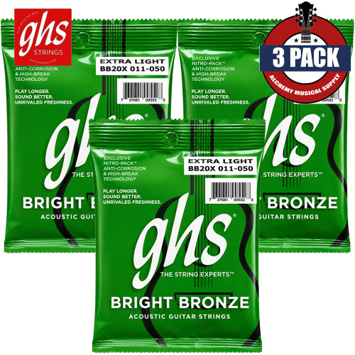 3-PACK GHS BB20X Bright Bronze 80/20 Bronze Ex-Light Acoustic Guitar Strings 11-50
