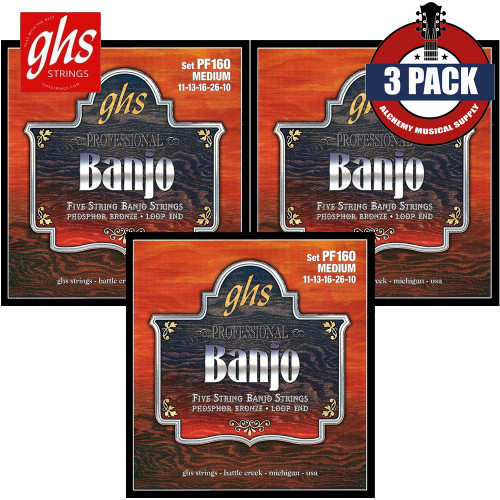 3-PACK GHS PF160 Phosphor Bronze Loop End 5-String Banjo Strings