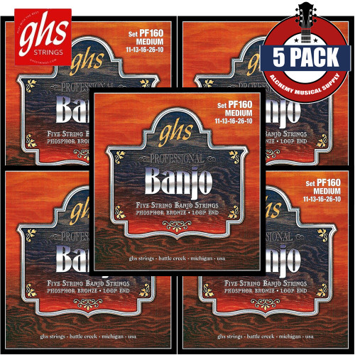 5-PACK GHS PF160 Phosphor Bronze Loop End 5-String Banjo Strings
