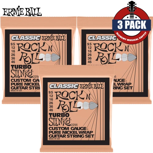 3-PACK Ernie Ball 2256 Turbo Slinky Classic Rock N Roll Nickel Electric Guitar Strings 9.5-46