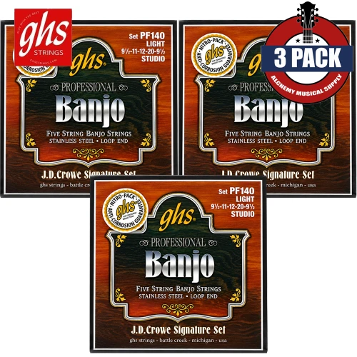 3-PACK GHS PF140 JD Crowe Signature 5-String Stainless Steel Banjo Strings Studio Light