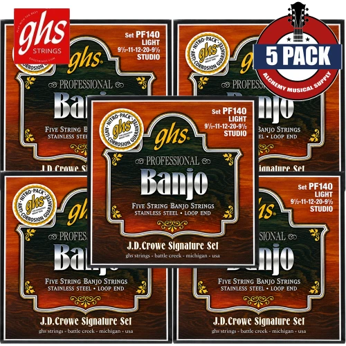 5-PACK GHS PF140 JD Crowe Signature 5-String Stainless Steel Banjo Strings Studio Light