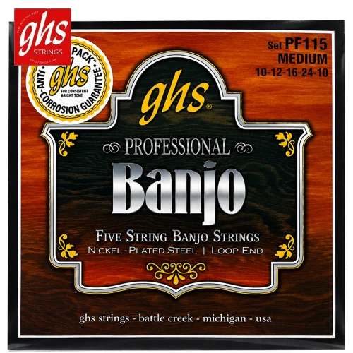 GHS PF115 Nickel Plated 5-String Medium Banjo Strings Loop End