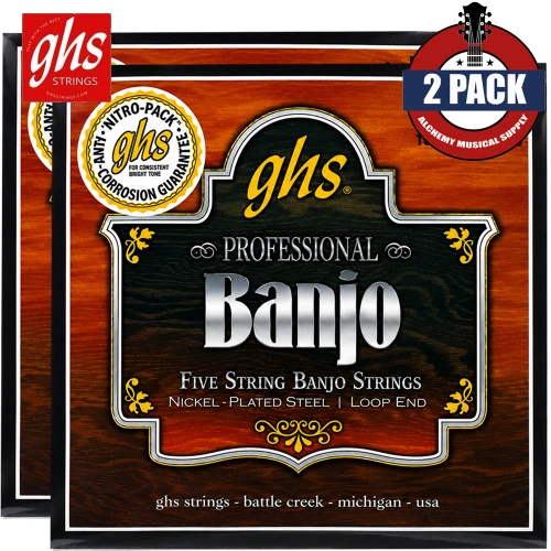 2-PACK GHS PF115 Nickel Plated 5-String Medium Banjo Strings Loop End