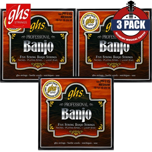 3-PACK GHS PF115 Nickel Plated 5-String Medium Banjo Strings Loop End