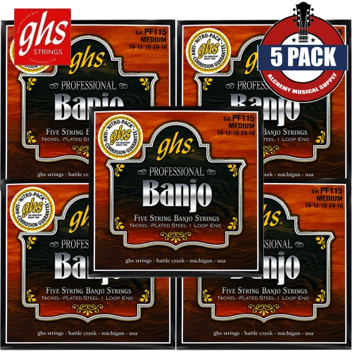5-PACK GHS PF115 Nickel Plated 5-String Medium Banjo Strings Loop End