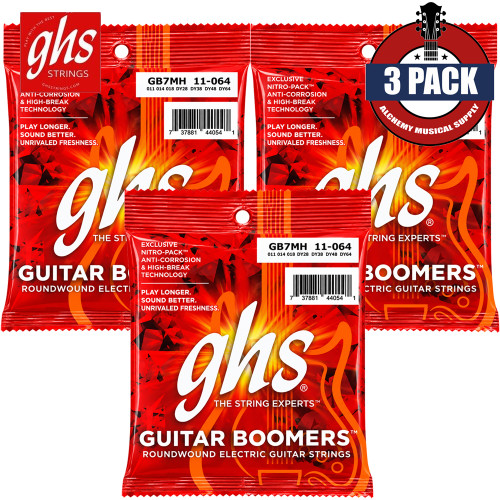 3-PACK GHS GB7MH 7-String Boomers Medium Heavy Electric Guitar Strings 11-64