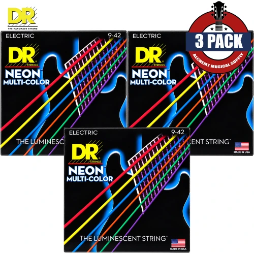 3-PACK DR NMCE-9 Def Neon Multi-Color K3 Coated Electric Guitar Strings 9-42
