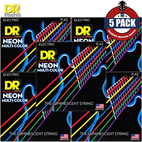 5-PACK DR NMCE-9 Def Neon Multi-Color K3 Coated Electric Guitar Strings 9-42