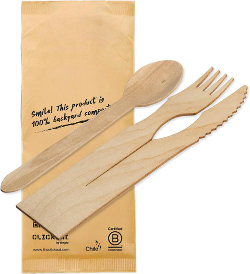 Clickeat Wooden Trio Cutlery Set w/o Logo; 6.9", Birchwood, No wood taste, No splinters, Compostable, No Plastic, No Glue, Pack of 500