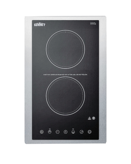 Summit CR2B15T1BTK15 115V 2-Burner Radiant Cooktop, Schott Glass, Touch Controls, Trim Kit