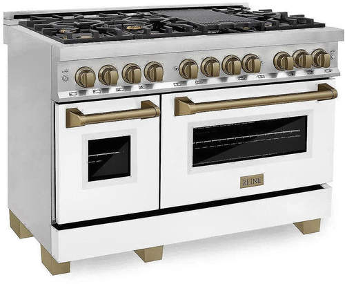 ZLINE RAZ-WM-48-CB 48" Autograph Dual Fuel Range, 7 Burners, Double Ovens, White Matte Doors, Champagne Bronze