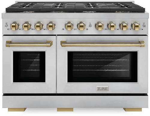 ZLINE SGRZ-48-G 48" Paramount Double Oven Gas Range, 8 Brass Burners, Stainless Steel, Polished Gold Accents