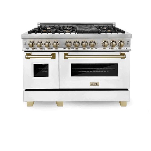 ZLINE RAZ-WM-48-G 48" Legacy Dual Fuel Range, 7 Burners, 2 Ovens, White Matte Doors, Gold Accents
