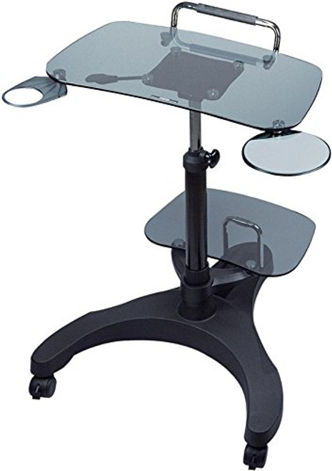 Aidata LPD011G Sit/Stand Mobile Laptop Workstation with Smoked Tempered Safety Glass and Printer Shelf