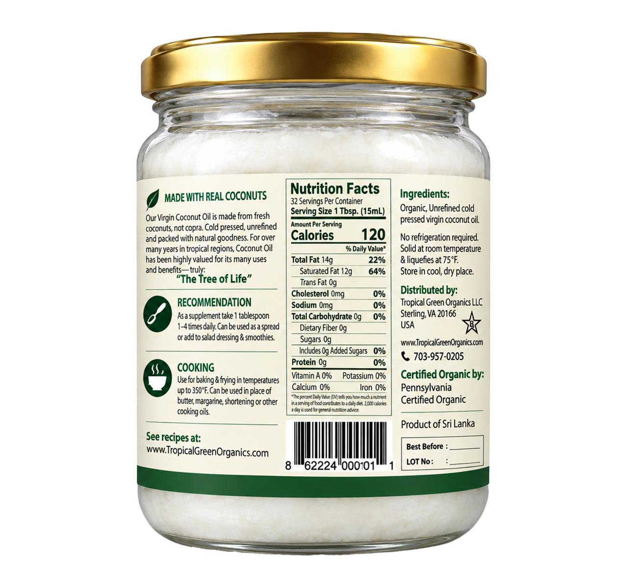 Virgin Organic Coconut Oil 6/16oz