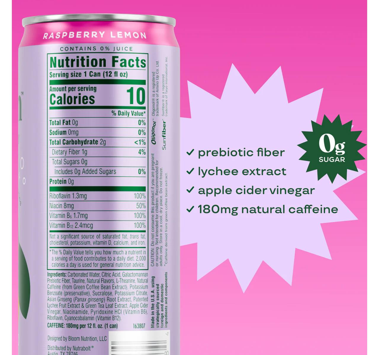 Raspberry Lemon Sparkling Energy Drink 12/12oz
