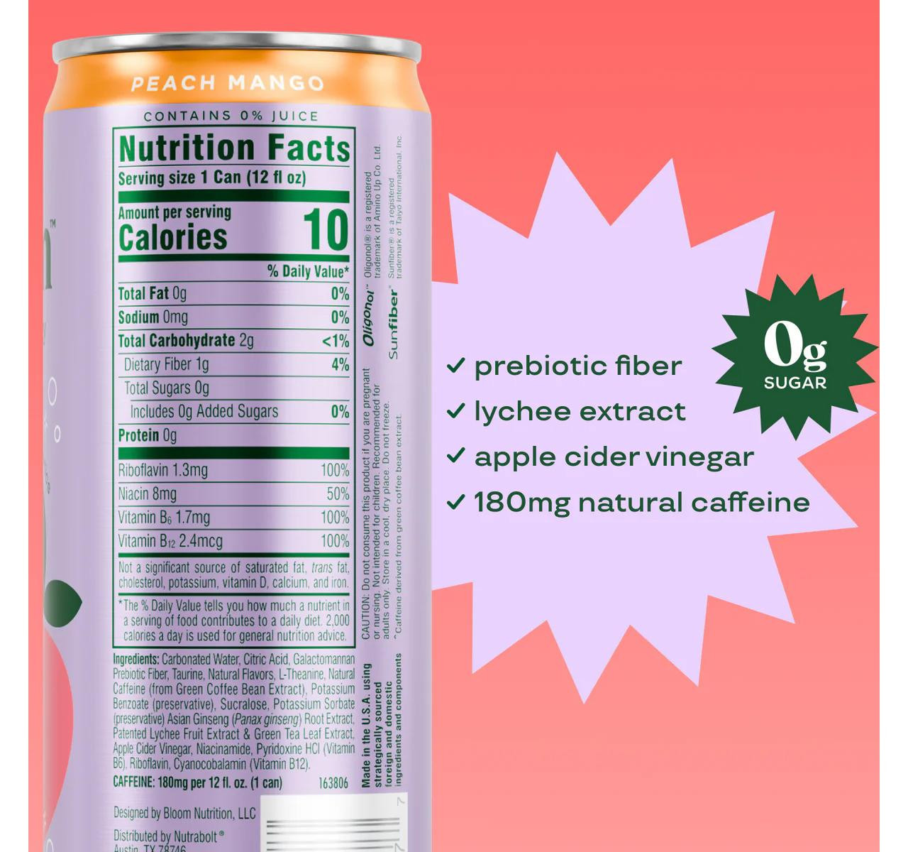 Peach Mango Sparkling Energy Drink 12/12oz