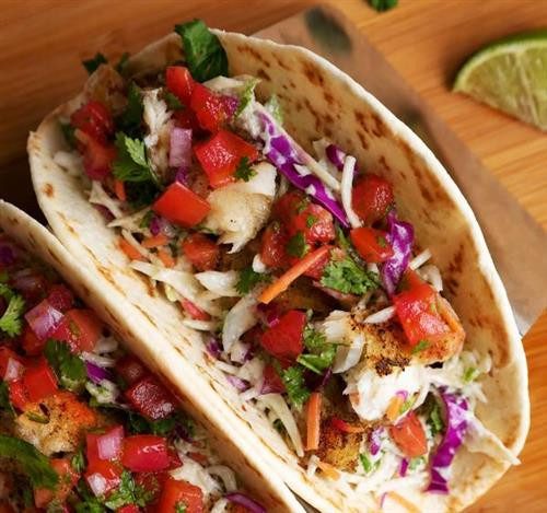 Fish Tacos with Creamy Cole Slaw & Peach Salsa