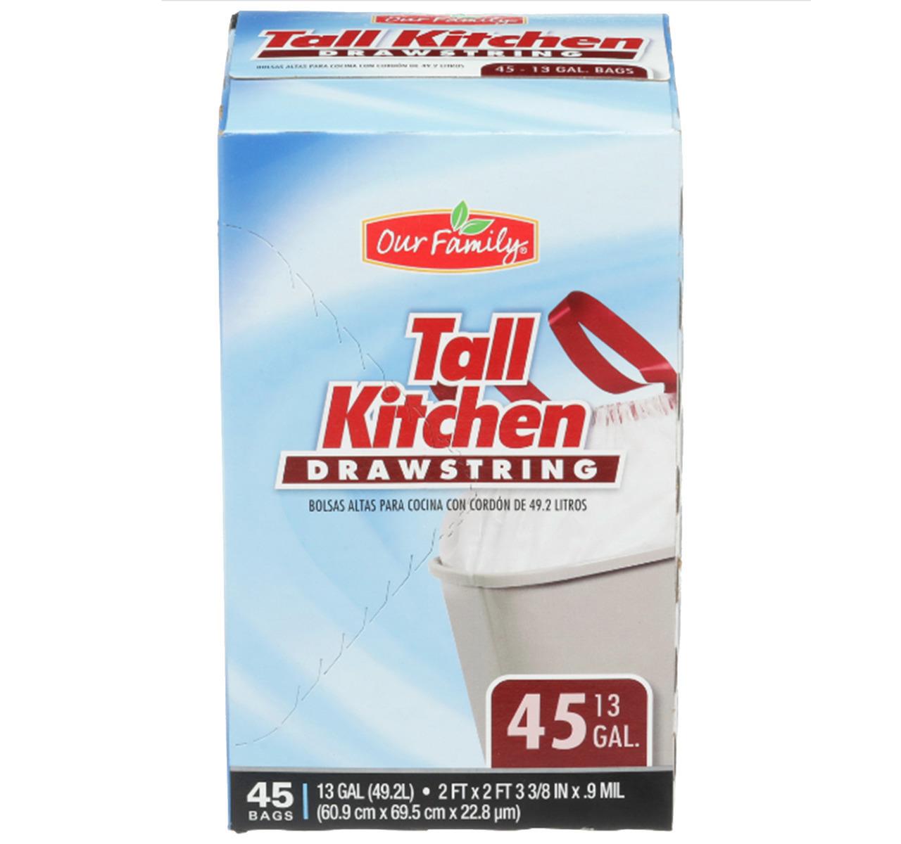 Tall Kitchen Trash Bags with Drawstring 13gal 6/45ct
