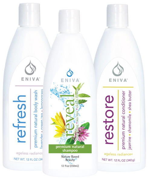 Eniva Salon Pack, REVEAL Premium Natural Shampoo, RESTORE Premium Natural Conditioner, REFRESH Premium Natural Body Wash,12 oz bottles, botanical extracts, reenergize skin and hair, natural premium shampoo,  pure natural extracts, nourishing oils, boost volume, restore moisture, exotic oils and extracts, nourish hair and scalp, silky, shiny, soft hair,* Product ID # 55023