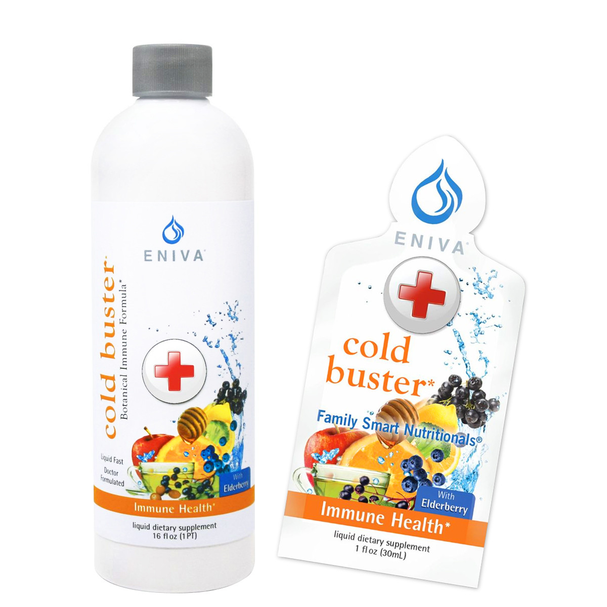 Eniva Natural Cold Buster, Available in: 16 oz Bottle and 20 packets, Immune Booster, Honey, Echinacea, Orange, Chamomile, Lemon, Broccoli, Apple, Blueberry, Cranberry, Green Tea, Oregano, Vitamin C, Vitamin D, Calcium, Magnesium, Copper, Zinc, 16 oz., Product ID 29509