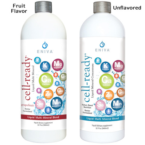 Eniva Cell-Ready liquid minerals supplement 32 oz, multi minerals, Available in Natural Flavor and Unflavored, liquid dietary supplement, natural daily multi, natural, physiologic balance of minerals, Solutomic® technology, advanced aqueous mineral nutrition, nutritional balance, mineral ions, ionic minerals, sparkling clear solution, quicker and faster absorption than tablets or capsules, quick dissolve in digestive system, bioavailable nutrients, Solutomic, submicron mineral ions, enhanced absorption, Aqueous Stabilization, Product ID 17005 and 17000