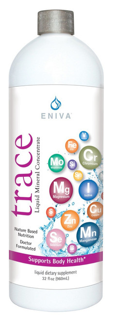 Eniva Minerals for Life Trace Multi Minerals, 32 oz, liquid dietary supplement, Cell-Ready, wide spectrum rare minerals, integrative nutrition, essence of life, proper balance of minerals, nutrient depleted soil, over processed foods lack of minerals, why supplement, the need to supplement, solutomic, bioavailable nutrients, natural minerals, no fructose, no sugars, no artificial colors, no artificial flavorings, no calories, no caffeine, no animal by-products, no animal testing, aqueous delivery system, advanced nutrition, Product ID 8917
